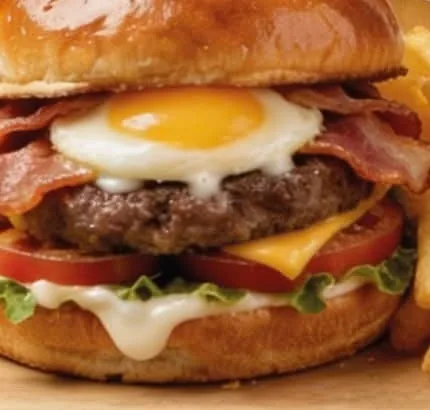 Burger au pain brioché, steak, œuf au plat, bacon et cheddar